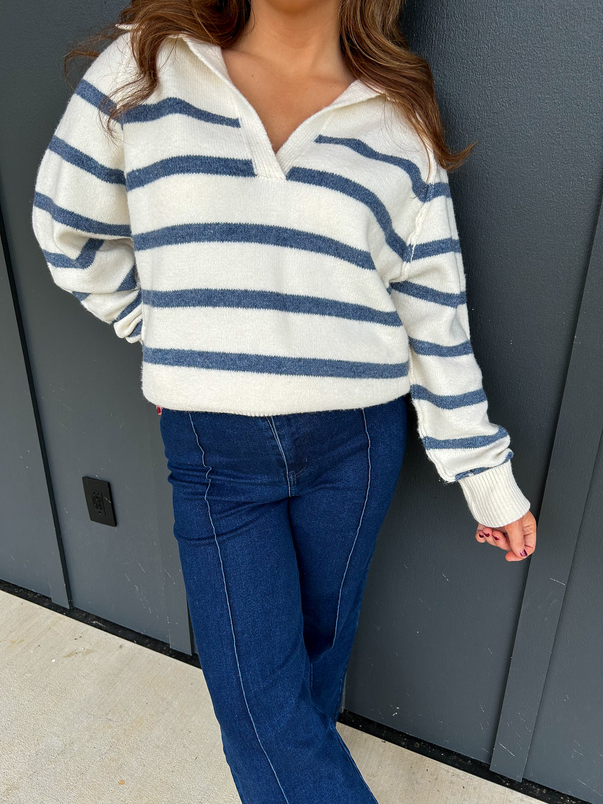 Cream Stripe Polo Sweater