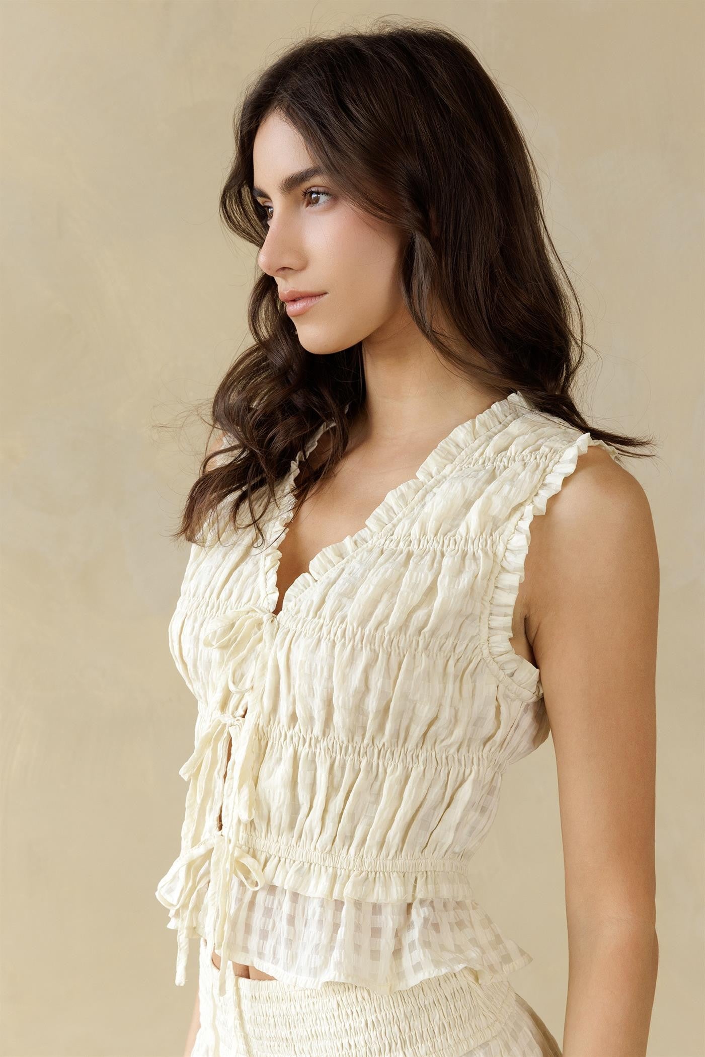 Cream Textured Smocked Top