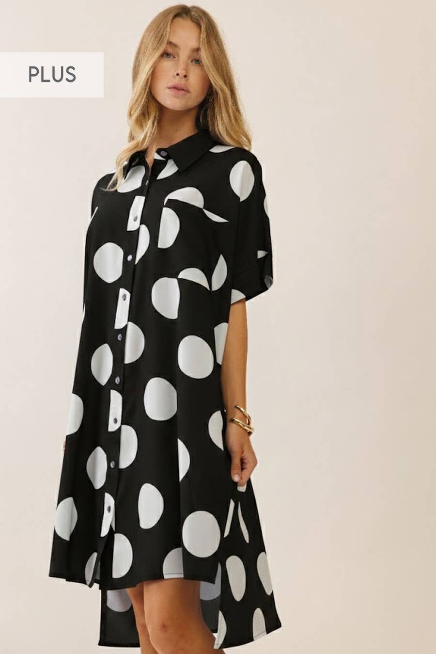 Plus Short Sleeve Polka Dot Button-down Shirt