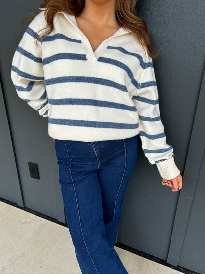 Cream Stripe Polo Sweater
