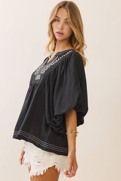 Midnight Bloom Embroidered Top | Curvy