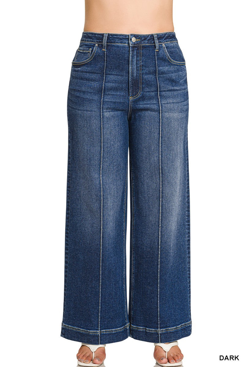 Curvy High Rise Wide Leg Pintuck Denim Pants