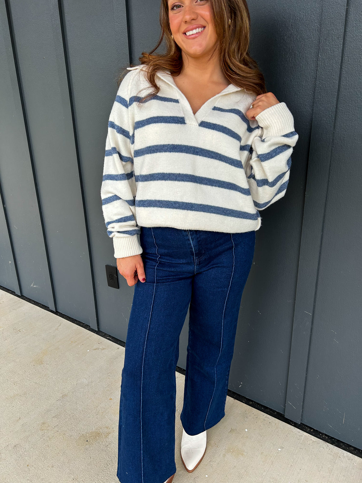 Cream Stripe Polo Sweater