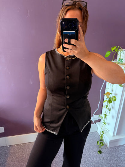 Contrast Whipstitch Trim Button Down Vest