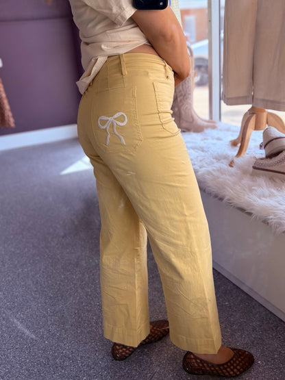 Bow Embroidered Pockets Pants