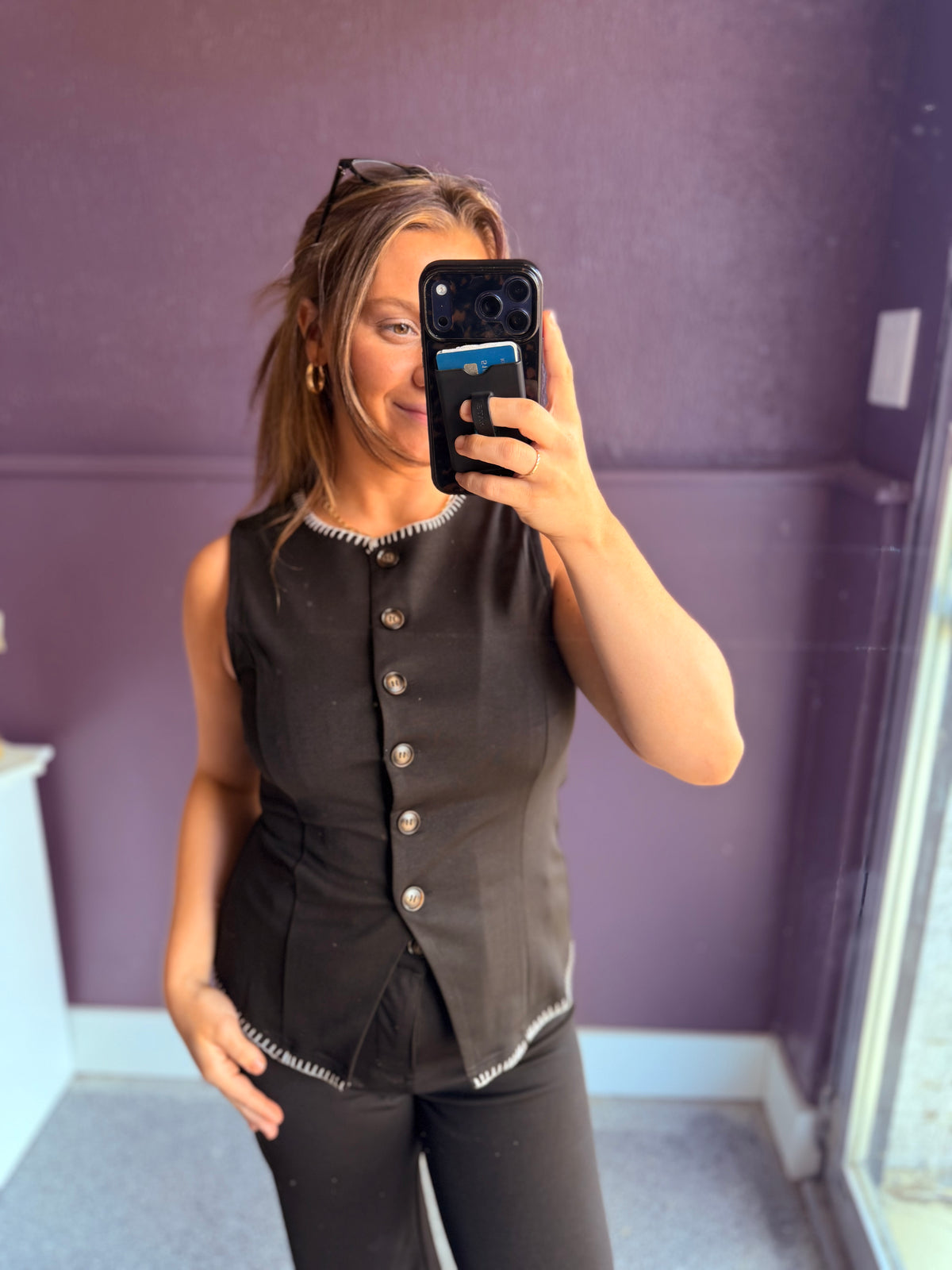 Contrast Whipstitch Trim Button Down Vest