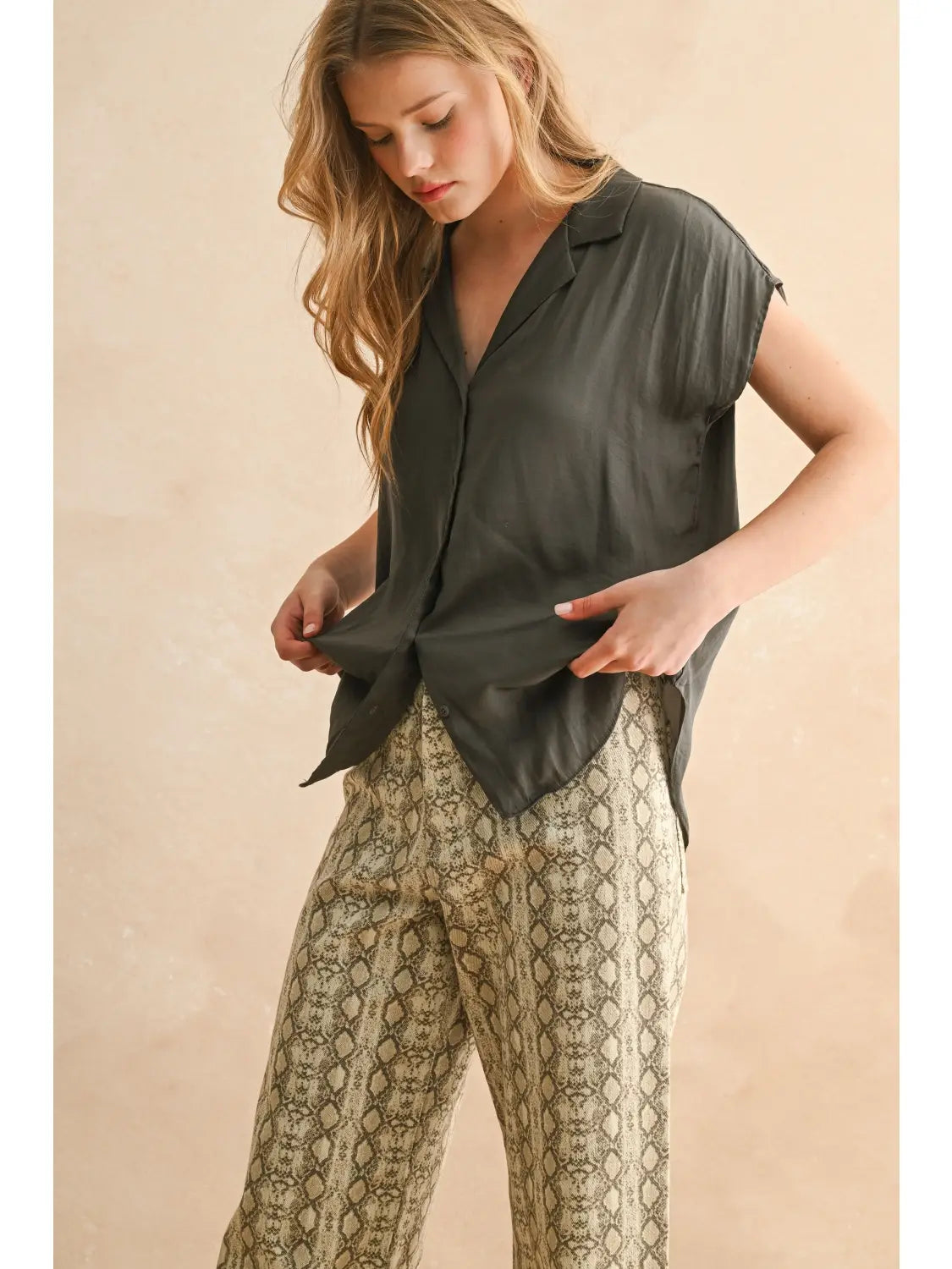 The Soft Structure Button Blouse: Charcoal