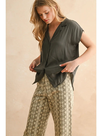 The Soft Structure Button Blouse: Charcoal