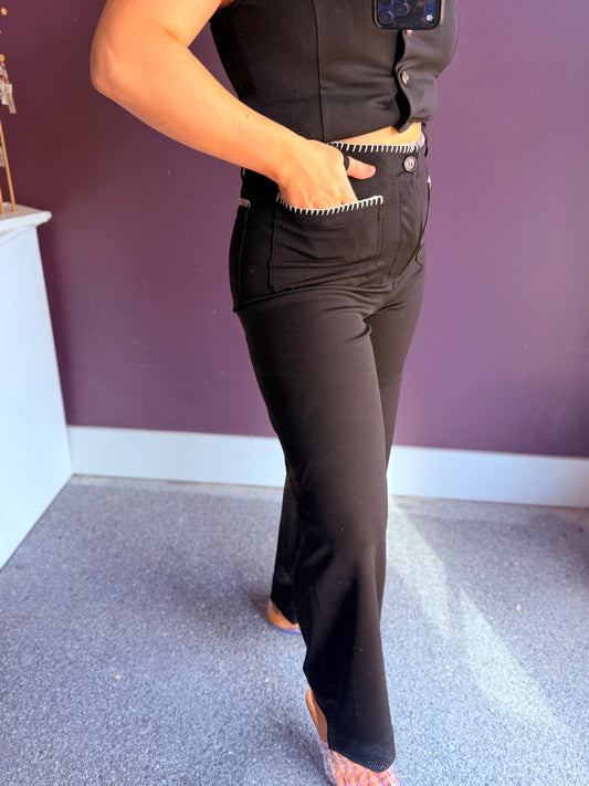Contrast Whipstitch Trim Straight Leg Pants