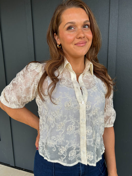 The Embroidered Cream Button-Up