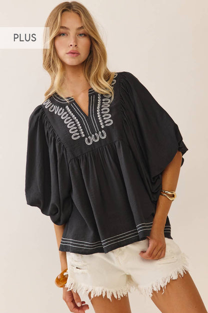 Midnight Bloom Embroidered Top | Curvy