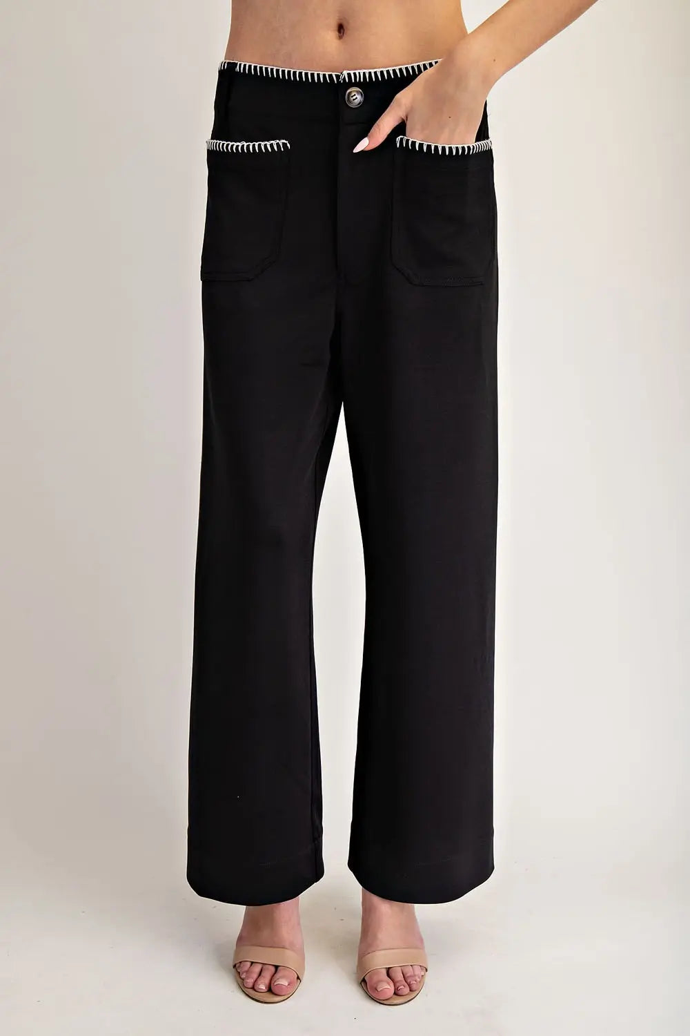 Contrast Whipstitch Trim Straight Leg Pants