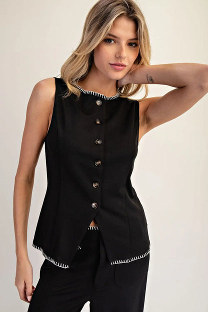Contrast Whipstitch Trim Button Down Vest
