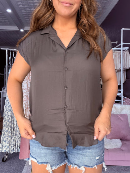 The Soft Structure Button Blouse: Charcoal