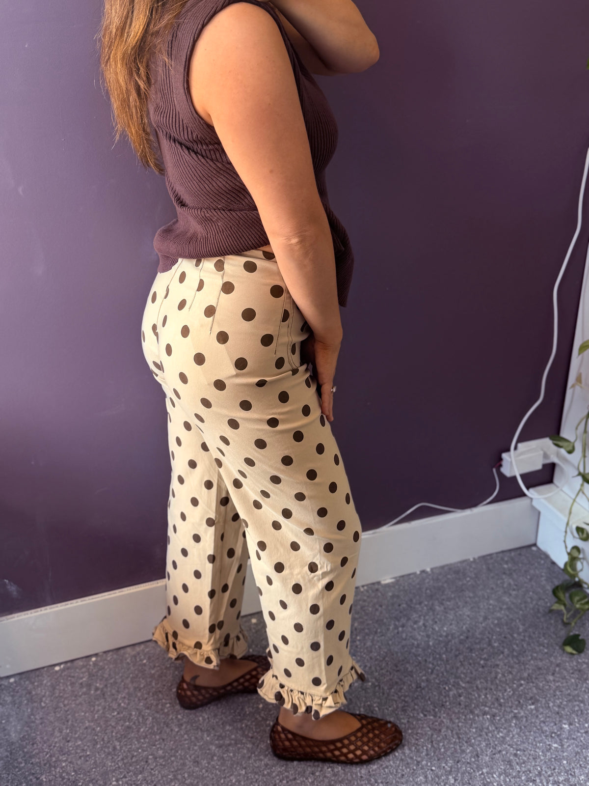 Polka Dot Ruffle Hem Pants