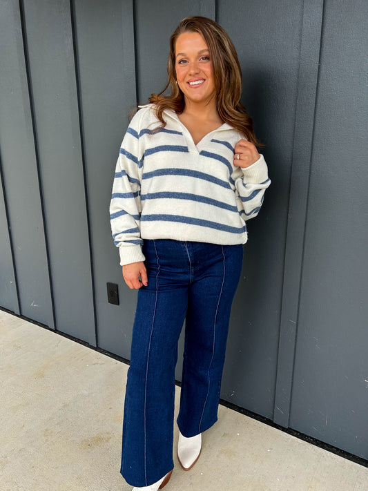 Cream Stripe Polo Sweater