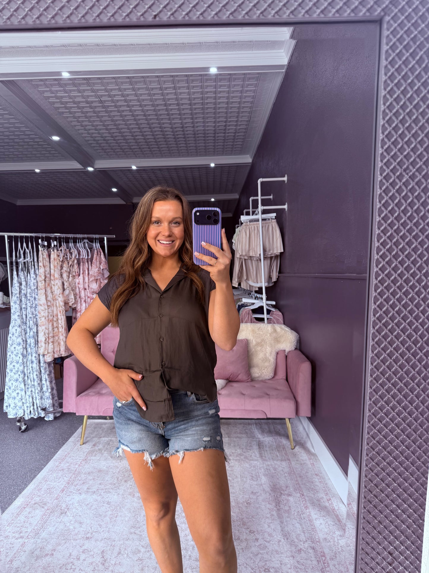 The Soft Structure Button Blouse: Charcoal