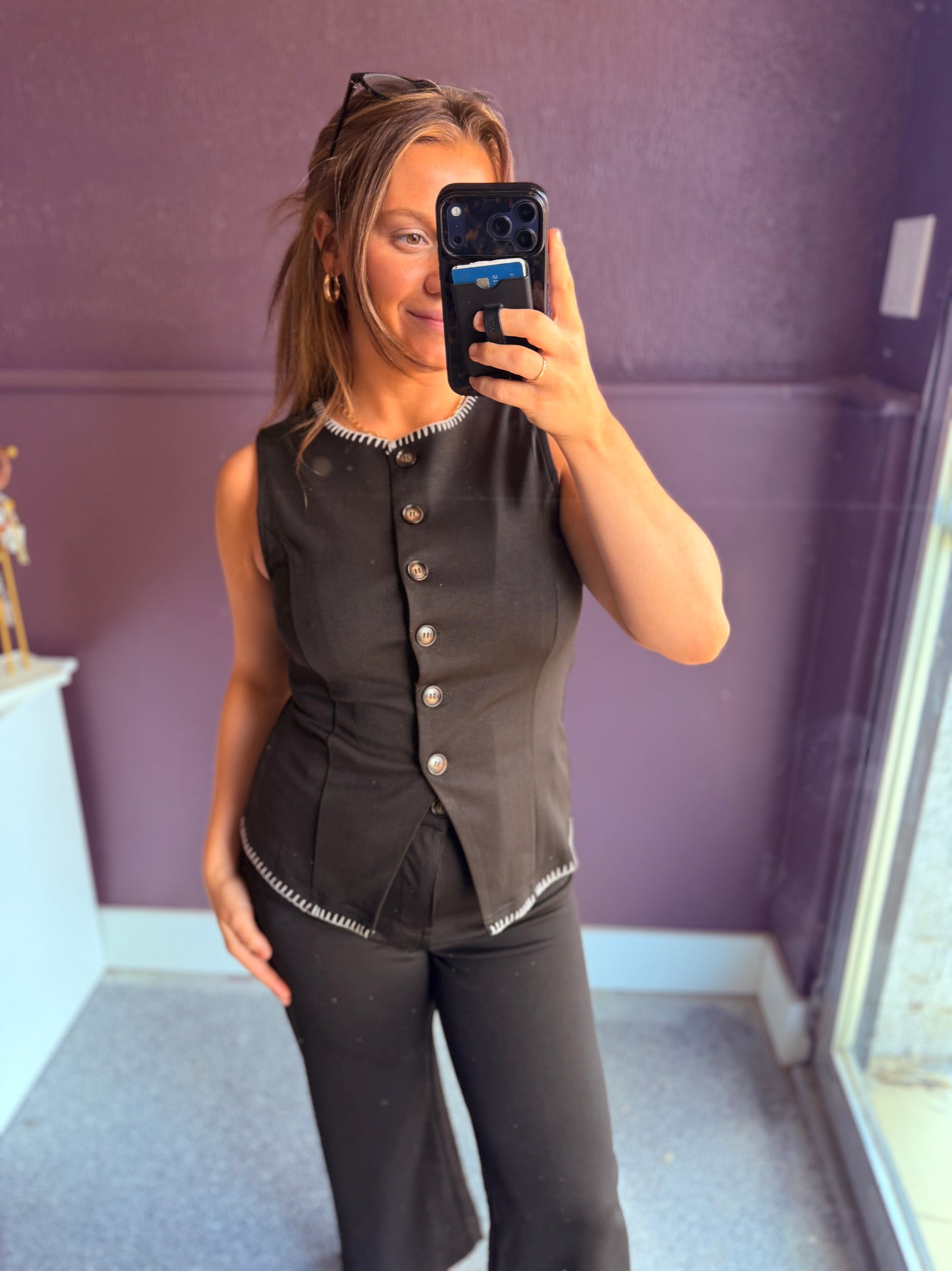 Contrast Whipstitch Trim Button Down Vest
